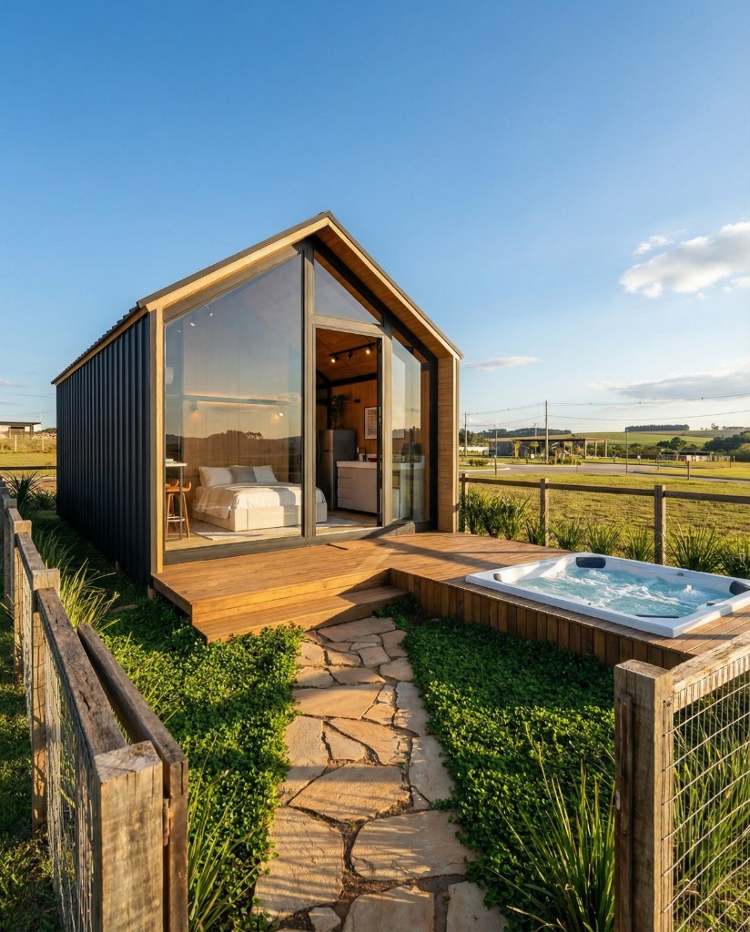 Bangalô Revoada com deck e ofurô em paisagem natural